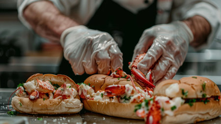 A chef preparing lobster rolls, filling buttered buns with chunks of fresh lobster meat tossed in mayonnaise and seasoningの素材
