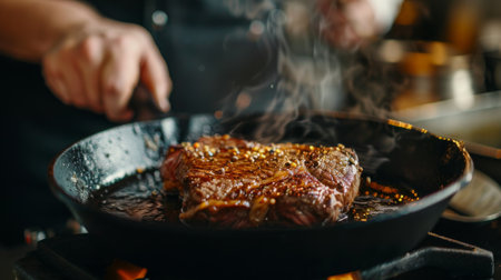 A chef searing a thick-cut beef steak in a cast-iron skillet, achieving a perfect caramelized crust and juicy interior.の素材