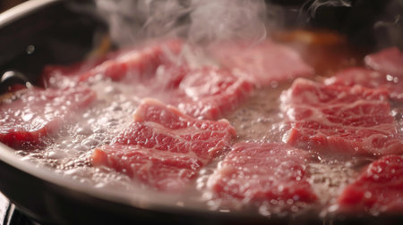 A close-up of thinly sliced beef being cooked in a shabu-shabu hot pot, with steam rising from the bubbling broth.の素材