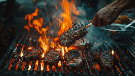 A chef grilling pork steaks over an open flame, basting them with a flavorful marinade for a delicious smoky taste.の素材
