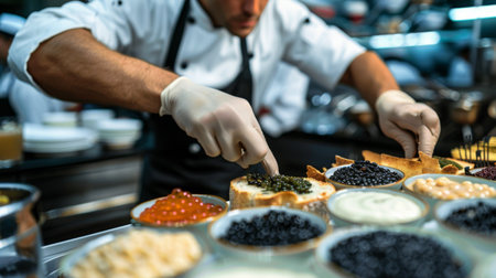 A chef preparing a caviar tasting flight with different varieties of sturgeon roe, served with traditional accompaniments like toast pointsの素材