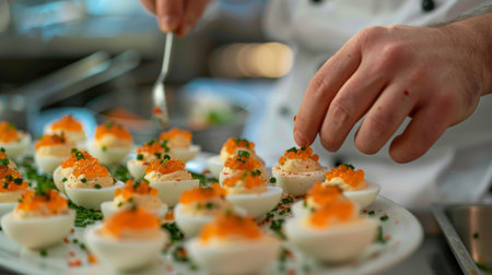 A chef carefully arranging caviar-topped deviled eggs on a platter, garnished with chives and paprika for an elegant appetizer.の素材