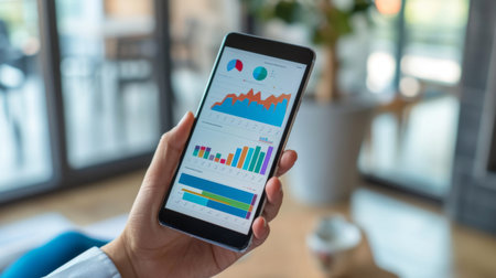 A hand holding a smartphone with a business analytics app open, displaying real-time business graphs and performance metrics for decision-making.の素材