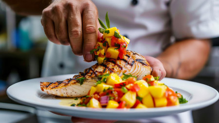 A chef presenting a plate of grilled fish steaks with a colorful mango salsa, showcasing the vibrant flavors and textures of the seafood dish.の素材