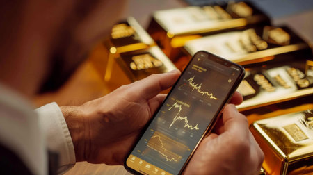 A businessman studying gold price graphs and historical data on a smartphone, staying informed about market fluctuations while on the go.の素材