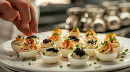 A chef carefully arranging caviar-topped deviled eggs on a platter, garnished with chives and paprika for an elegant appetizer.の素材