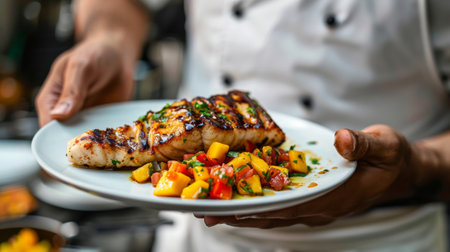 A chef presenting a plate of grilled fish steaks with a colorful mango salsa, showcasing the vibrant flavors and textures of the seafood dish.の素材