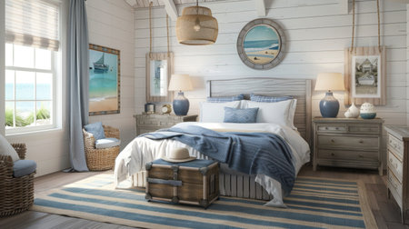 A coastal-themed bedroom with nautical decor, beachy accents, and soothing blue hues, capturing the relaxed vibe of seaside living.の素材