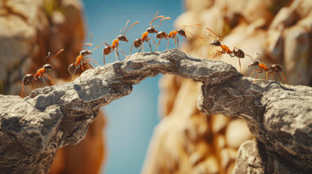 A close-up of ants building a bridge with their bodies to traverse an obstacle, showcasing their problem-solving abilities and teamwork.の素材