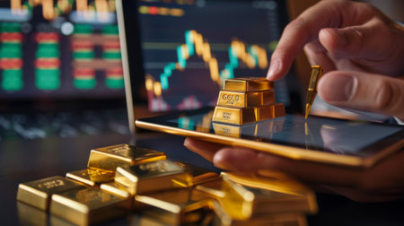 A gold investor analyzing gold price graphs and performance metrics on a tablet, evaluating market trends and investment opportunities.の素材