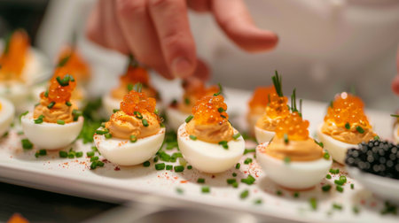 A chef carefully arranging caviar-topped deviled eggs on a platter, garnished with chives and paprika for an elegant appetizer.の素材