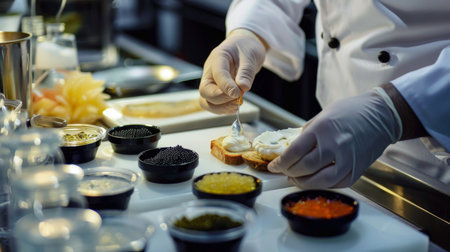 A chef preparing a caviar tasting flight with different varieties of sturgeon roe, served with traditional accompaniments like toast pointsの素材