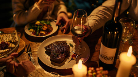 A couple enjoying a romantic dinner of grilled steak and wine at a candlelit table, savoring each tender bite with delight.の素材