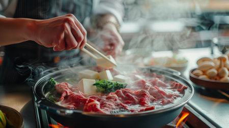 A chef preparing a traditional Japanese shabu-shabu hot pot, arranging thinly sliced beef, tofu, and vegetables around a simmering broth.の素材