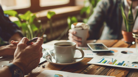 A group of investors discussing stock market graphs and investment strategies over coffee, brainstorming ideas for maximizing returns.の素材