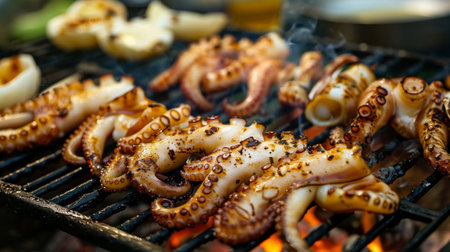 A close-up of grilled squid tentacles seasoned with salt, pepper, and garlic, grilling to perfection on a hot barbecue grill.の素材