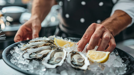 A chef preparing a platter of raw oysters, carefully arranging them on a bed of crushed ice and garnishing with lemon wedges.の素材