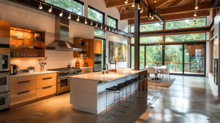 A contemporary track lighting system installed in a modern kitchen, highlighting culinary workspaces and adding an element of style to the room.の素材