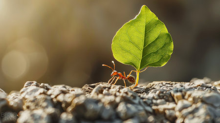 A macro image of an ant carrying a leaf many times its size, demonstrating the incredible strength and resilience of these tiny insects.の素材