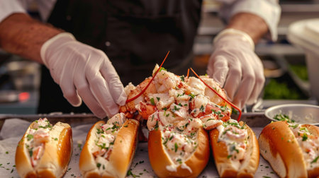 A chef preparing lobster rolls, filling buttered buns with chunks of fresh lobster meat tossed in mayonnaise and seasoningの素材