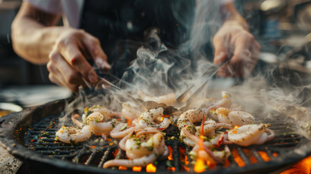 A chef seasoning squid with herbs and spices before grilling them over an open flame, with smoke rising and the aroma of seafood filling the kitchen.の素材