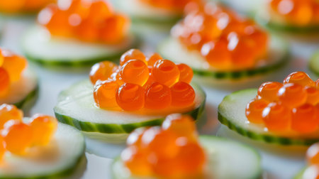 A close-up of red caviar pearls on a slice of cucumber, served as an elegant and refreshing hors d'oeuvre for a special occasion.の素材