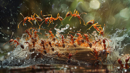 A colony of fire ants constructing a floating raft to survive a flood, showcasing their adaptive behavior in challenging environments.の素材
