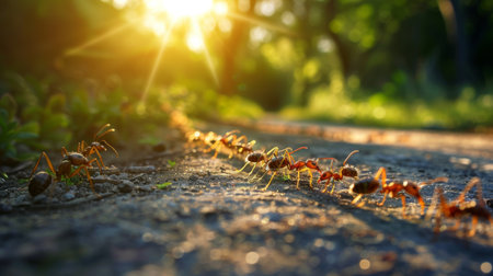 A line of ants marching in perfect formation across a sunlit path, illustrating their disciplined and organized behavior.の素材