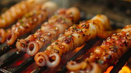 A close-up of grilled squid tentacles seasoned with salt, pepper, and garlic, grilling to perfection on a hot barbecue grill.の素材