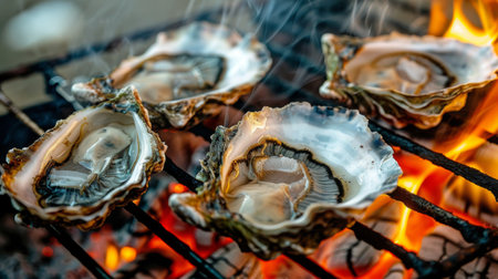 A close-up of oysters being grilled over an open flame, their shells popping open to reveal succulent, smoky meat inside.の素材