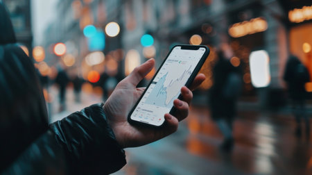 A hand holding a smartphone with a stock market app open, displaying real-time stock graphs and news updates for investors on the go.の素材