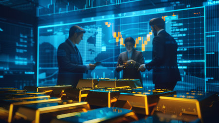 A group of economists discussing the role of gold bars in global financial markets, analyzing trends and forecasting future demand.の素材