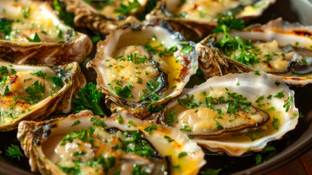 A plate of grilled oysters topped with garlic butter and parsley, sizzling hot and ready to be savored as a delectable seafood dish.の素材