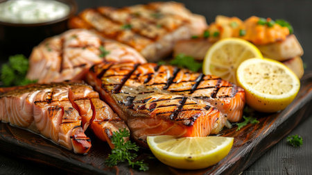 A seafood restaurant platter featuring a variety of grilled fish steaks, including salmon, tuna, and swordfish, served with lemon wedges and tartar sauce.の素材