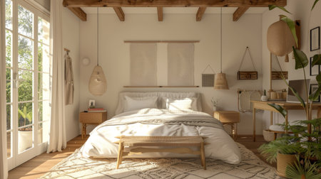A Scandinavian-inspired bedroom with clean lines, natural materials, and cozy textures, embodying the principles of hygge for comfort and coziness.の素材