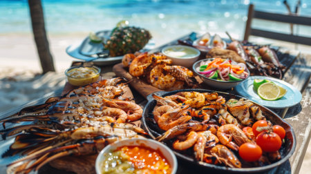 A seafood barbecue feast featuring grilled squid, shrimp, and fish, served with assorted dipping sauces and grilled vegetables on a beachside table.の素材