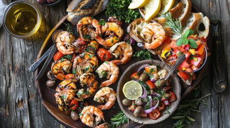 A platter of Mediterranean-style grilled shrimp served with olive tapenade, roasted vegetables, and crusty bread, on a rustic wooden table.の素材