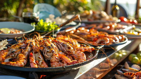 A seafood barbecue buffet with grilled shrimp, clams, and squid, served with a variety of sauces and accompaniments on a sunny terrace.の素材