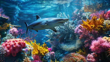 A shark swimming through a colorful coral reef ecosystem, illustrating the intricate balance of life in tropical ocean habitats.の素材
