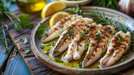 A plate of grilled squid served with fresh herbs, lemon wedges, and a drizzle of olive oil, on a rustic wooden table overlooking the sea.の素材