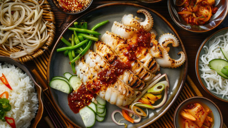 A plate of Korean-style grilled squid served with spicy gochujang sauce, pickled vegetables, and steamed rice, on a traditional dining table.の素材