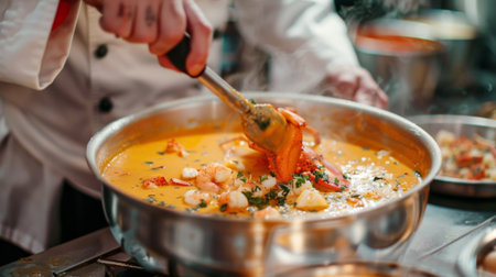 A seafood chef preparing classic lobster bisque soup, blending creamy broth with chunks of tender lobster meat and aromatic herbs.の素材