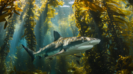 A shark swimming through a kelp forest ecosystem, blending seamlessly with the underwater landscape as it hunts for prey.の素材