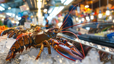 A seafood market vendor displaying a variety of lobsters on ice, showcasing different sizes and species for customers to choose from.の素材