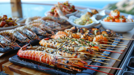 A seafood barbecue buffet with grilled squid, shrimp, and lobster tails, served with a variety of sauces and accompaniments on a sunny terrace.の素材