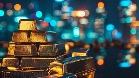 A stack of gold bars with a reflection of city lights in the background, representing the intersection of wealth and urban life.の素材