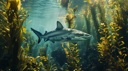 A shark swimming through a kelp forest ecosystem, blending seamlessly with the underwater landscape as it hunts for prey.の素材