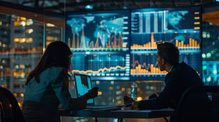 A team of analysts discussing gold price graphs and market dynamics in a conference room, collaborating to develop investment strategies.の素材