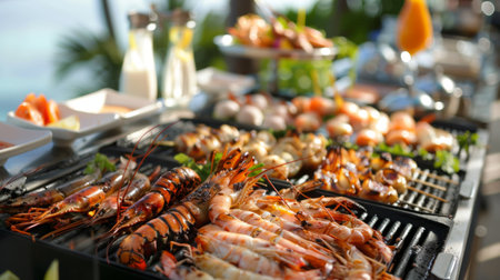 A seafood barbecue buffet with grilled squid, shrimp, and lobster tails, served with a variety of sauces and accompaniments on a sunny terrace.の素材