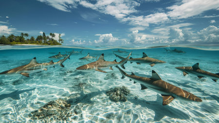 A school of blacktip reef sharks patrolling the shallow waters of a tropical lagoon, showcasing their graceful movements and agility.の素材